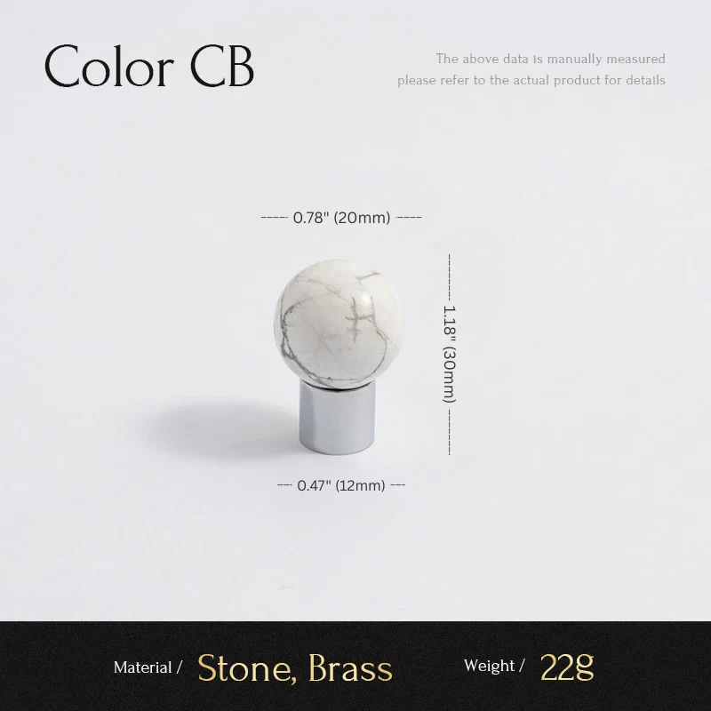 Product with marble design and brass base, featuring measurements and material details on a light gray background.