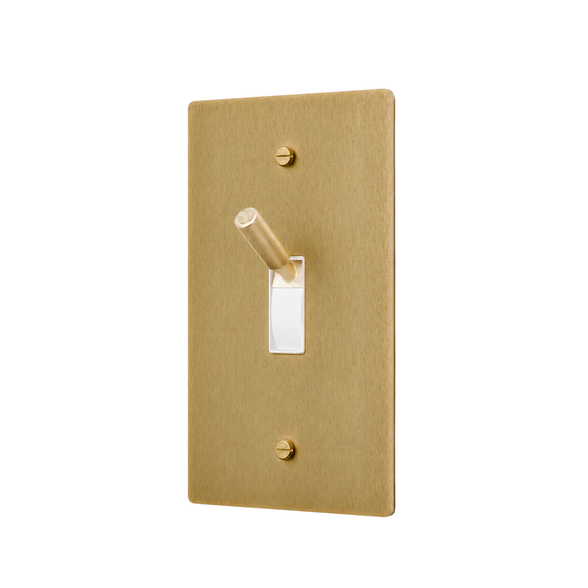 Gold light switch cover with a toggle switch on a white background