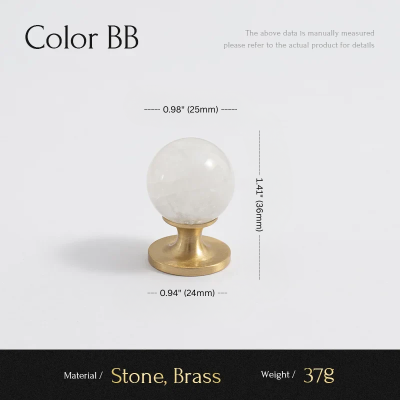 Measurement chart for a decorative object with white sphere and brass base on a light gray background.