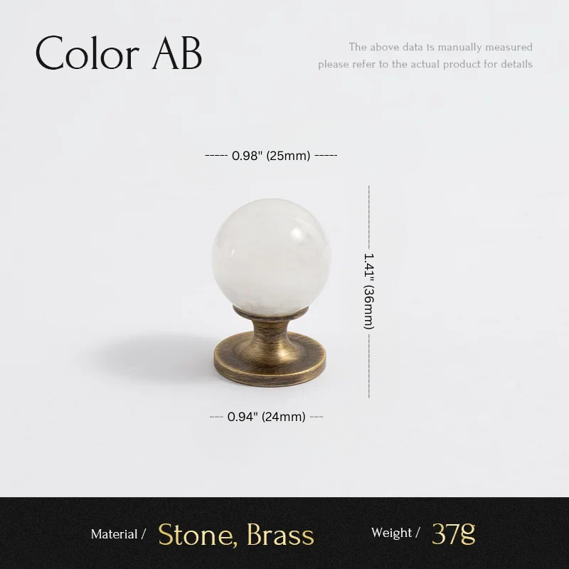 Measurement chart for a decorative item with white sphere and brass base on a light gray background.