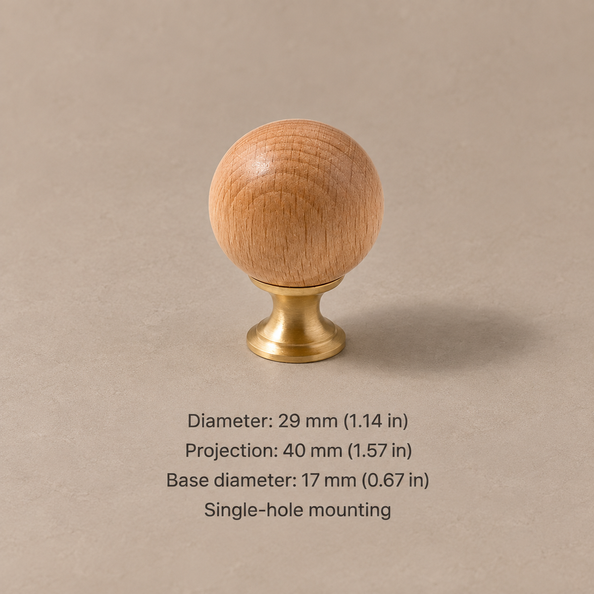 Wood and brass ball cabinet knob — beech flared 29mm — dimensions in millimetres and inches