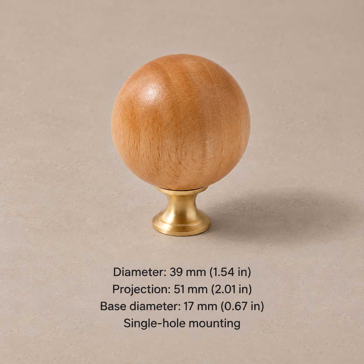 Wood and brass ball cabinet knob — beech flared 39mm — dimensions in millimetres and inches