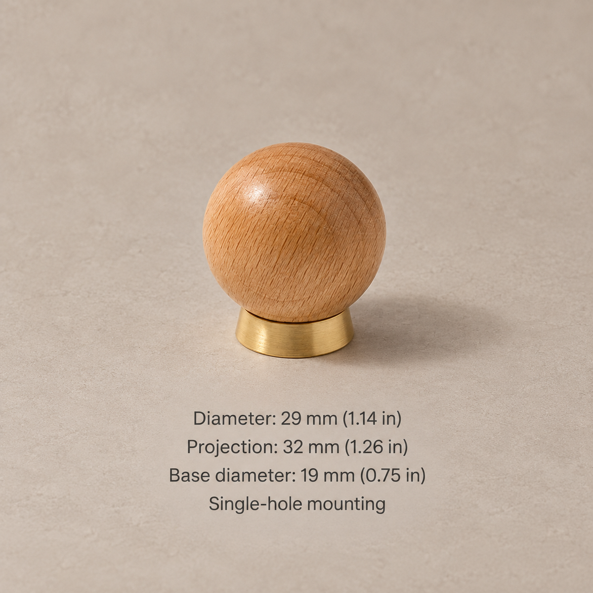 Wood and brass ball cabinet knob — beech low base 29mm — dimensions in millimetres and inches
