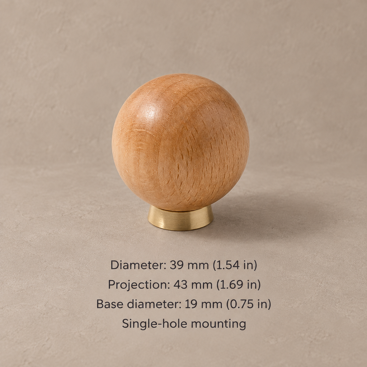 Wood and brass ball cabinet knob — beech low base 39mm — dimensions in millimetres and inches