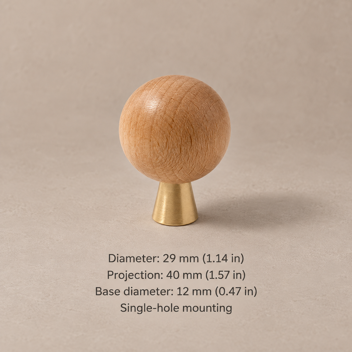 Wood and brass ball cabinet knob — beech tapered 29mm — dimensions in millimetres and inches