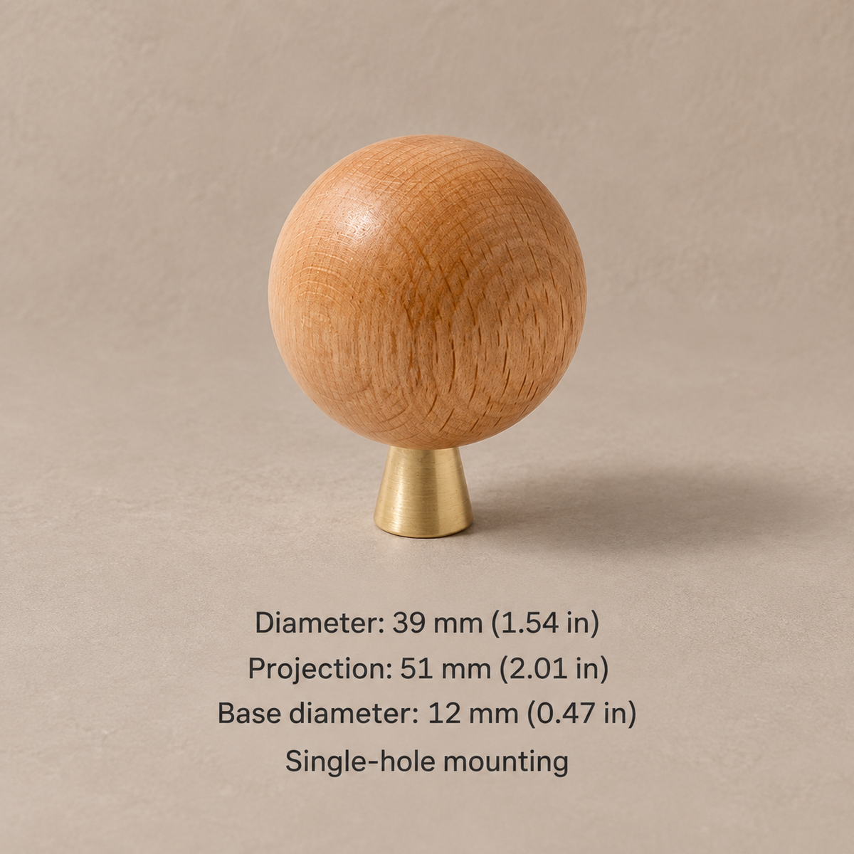 Wood and brass ball cabinet knob — beech tapered 39mm — dimensions in millimetres and inches