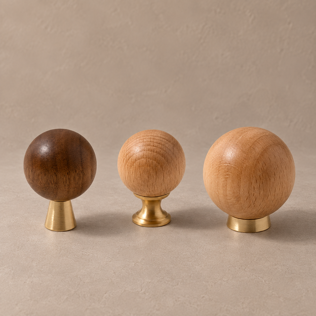 Solid Brass & Walnut Wood Cabinet Pull & Knob on a deep olive studio background