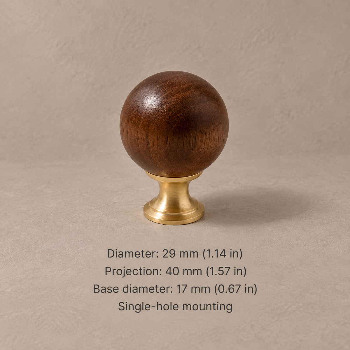 Wood and brass ball cabinet knob — walnut flared 29mm — dimensions in millimetres and inches