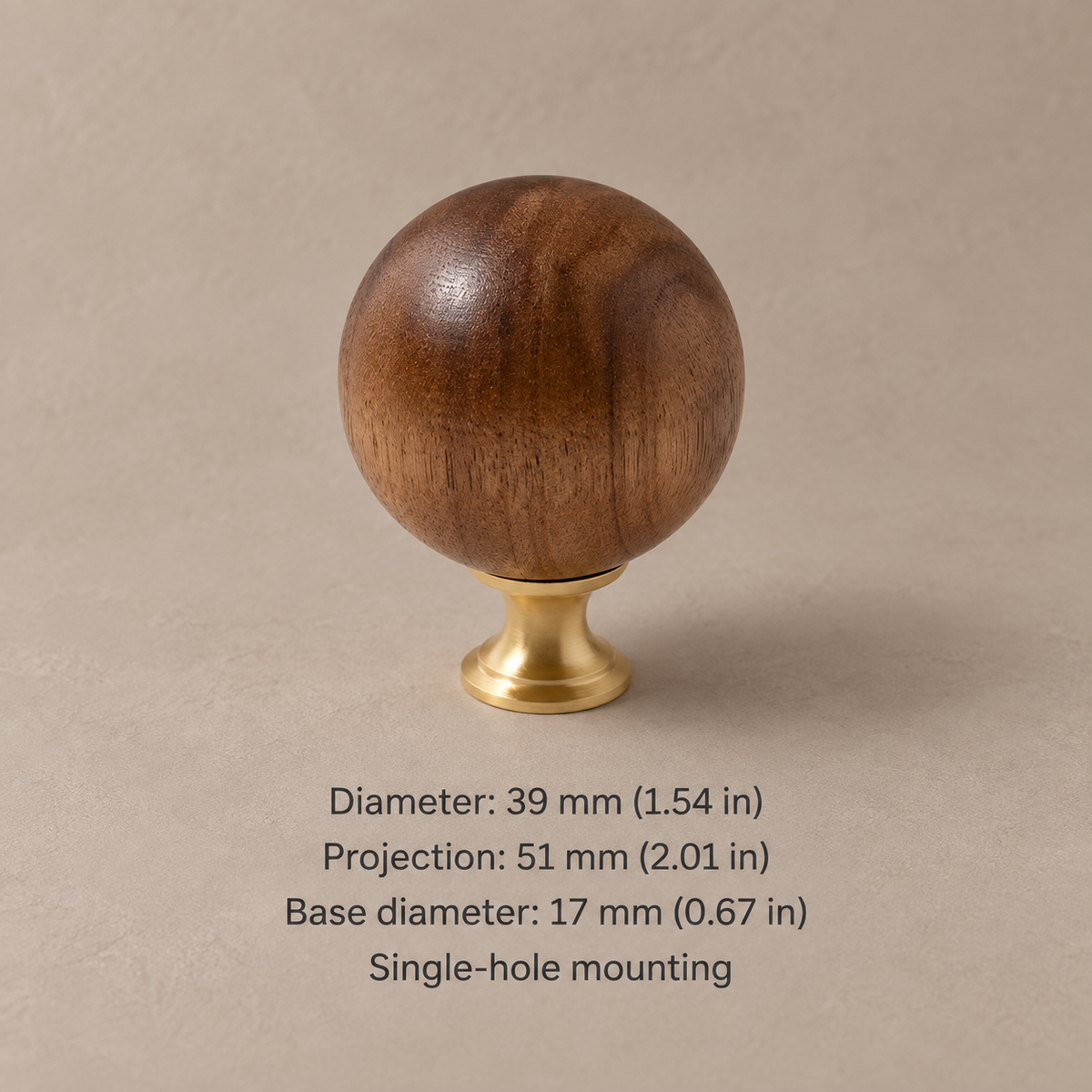 Wood and brass ball cabinet knob — walnut flared 39mm — dimensions in millimetres and inches