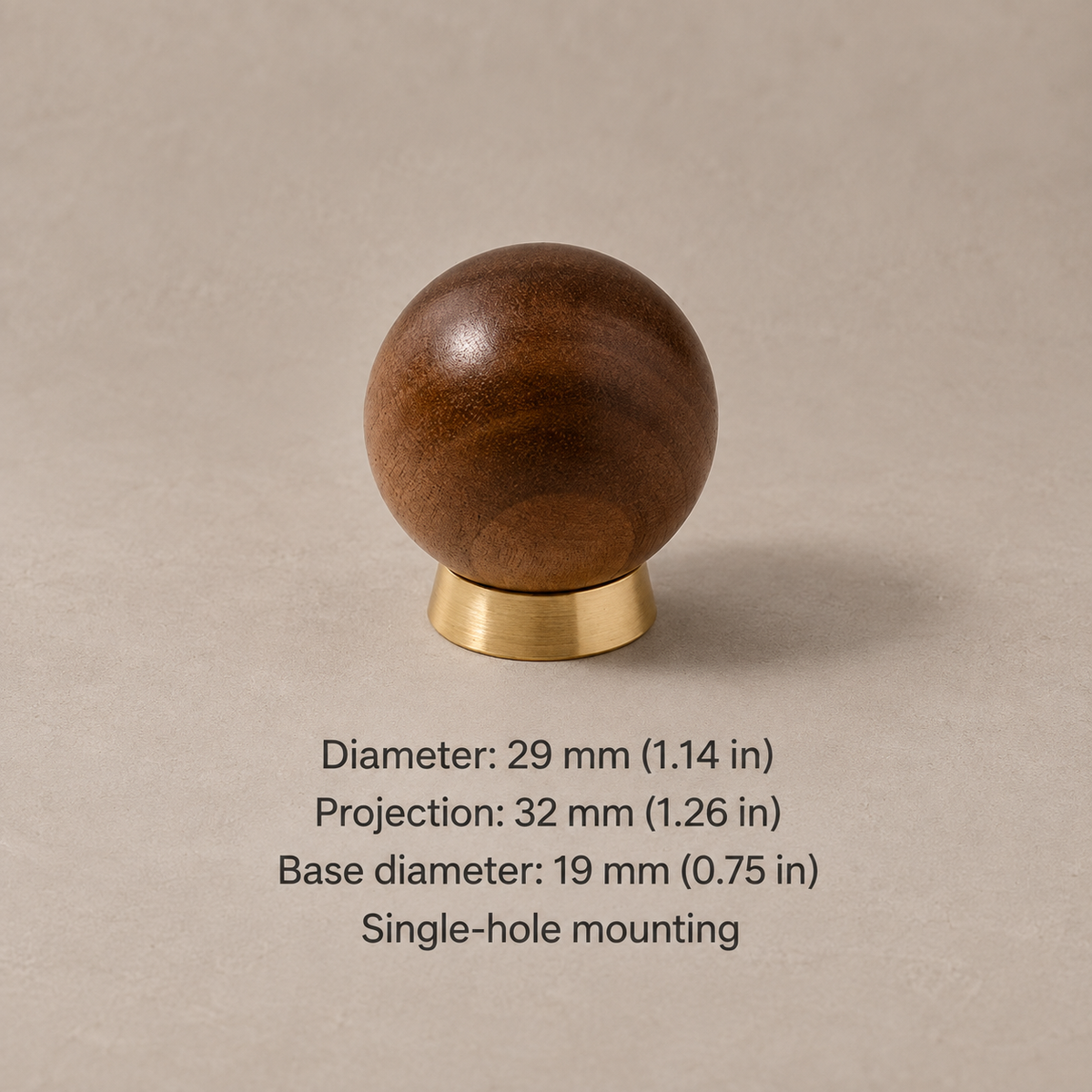 Wood and brass ball cabinet knob — walnut low base 29mm — dimensions in millimetres and inches