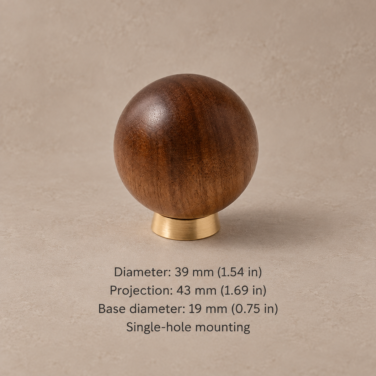 Wood and brass ball cabinet knob — walnut low base 39mm — dimensions in millimetres and inches