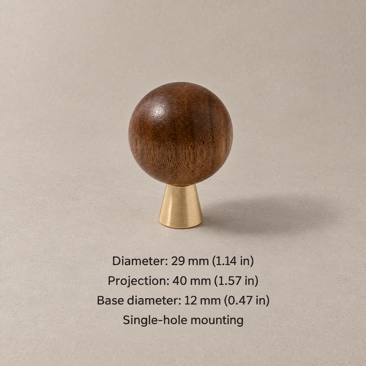 Wood and brass ball cabinet knob — walnut tapered 29mm — dimensions in millimetres and inches