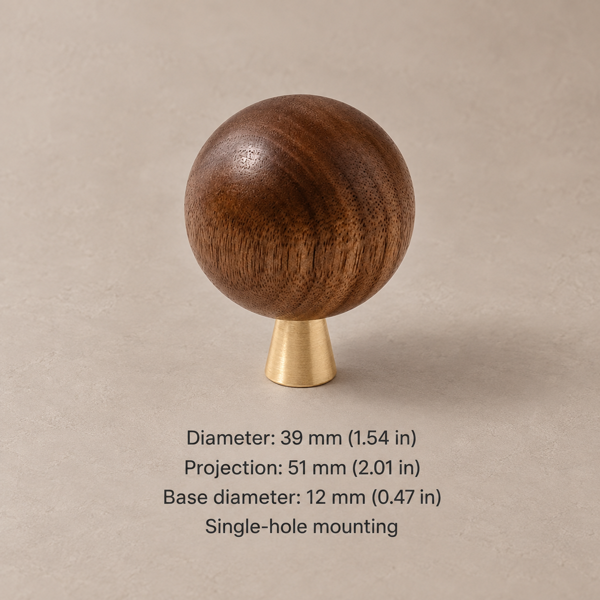Wood and brass ball cabinet knob — walnut tapered 39mm — dimensions in millimetres and inches
