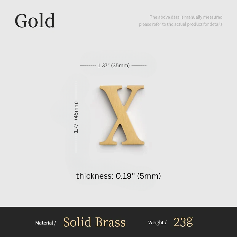 Gold letter 'X' with measurements on a white background