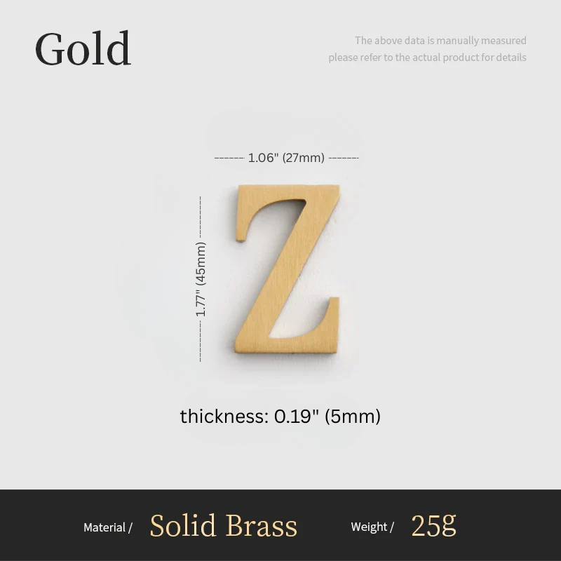 Gold letter 'Z' with measurements on a white background