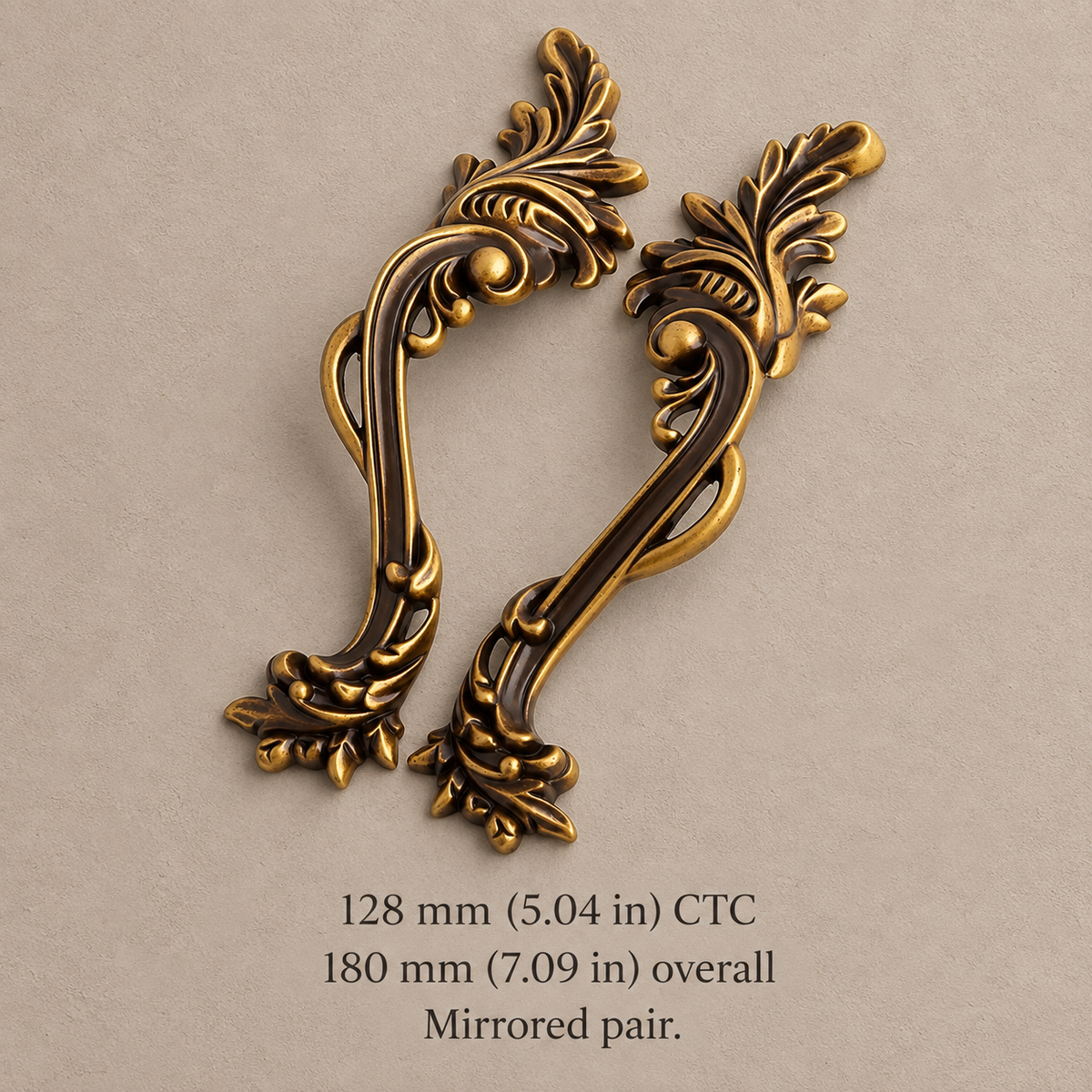 128 mm CTC antique brass finish cabinet handle pair with inch and millimeter dimensions