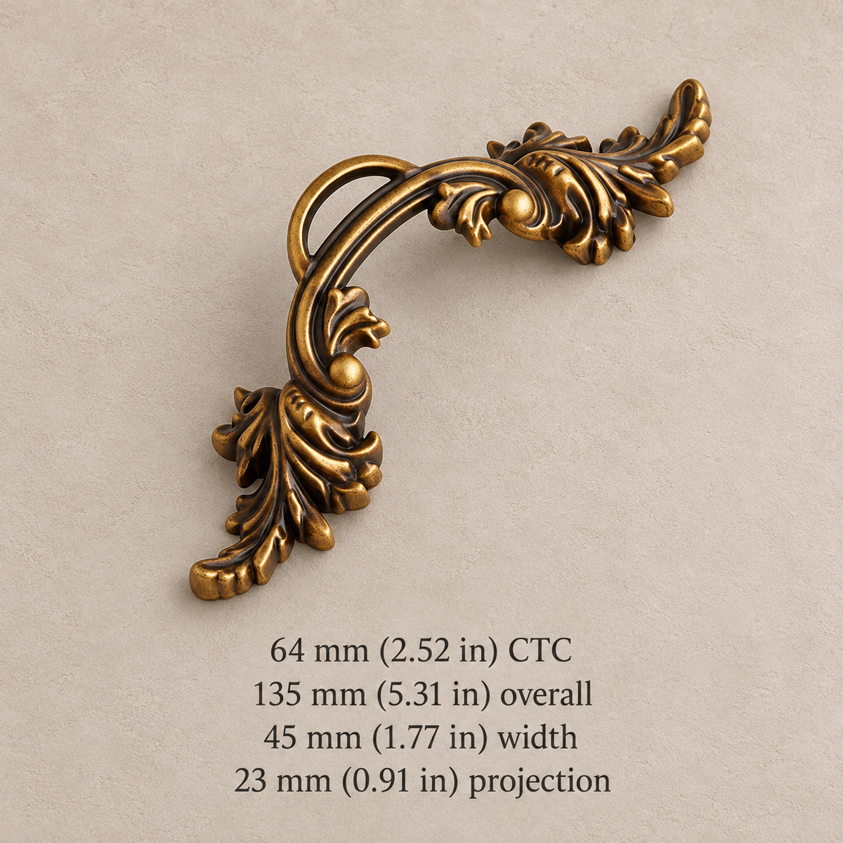 64 mm CTC ornate cabinet pull with inch and millimeter dimensions