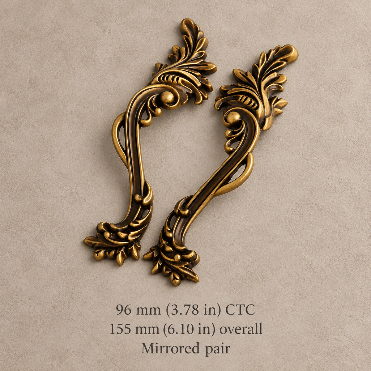 96 mm CTC antique brass finish cabinet handle pair with inch and millimeter dimensions